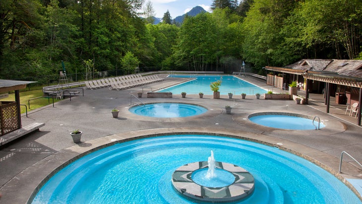 Three hot springs pools of varying temperatures at Sol Duc Hot Springs Resort in Olympic National Park.