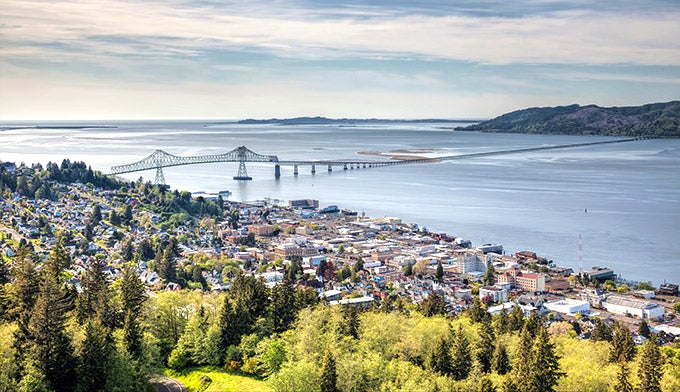 OR-Astoria-city-Astoria-Megler-Bridge_Dollar_680 Aerial view of the city of Astoria, Oregon and the bridge to Megler