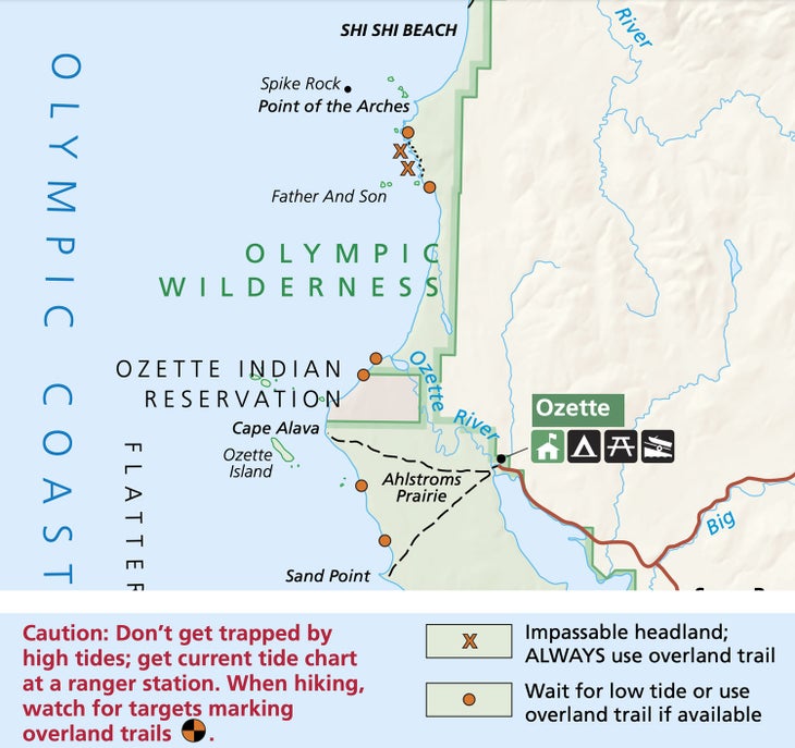 Tide warnings on the general overview map of Olympic National Park