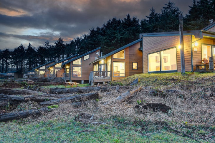 Cabins at dusk at Quileute Oceanside Resort