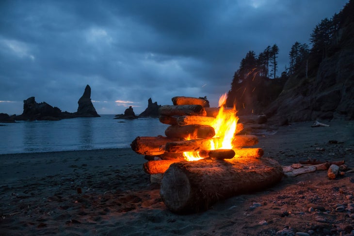 Campfire on Shi Shi Beach at Point of Arches in Olympic National Park