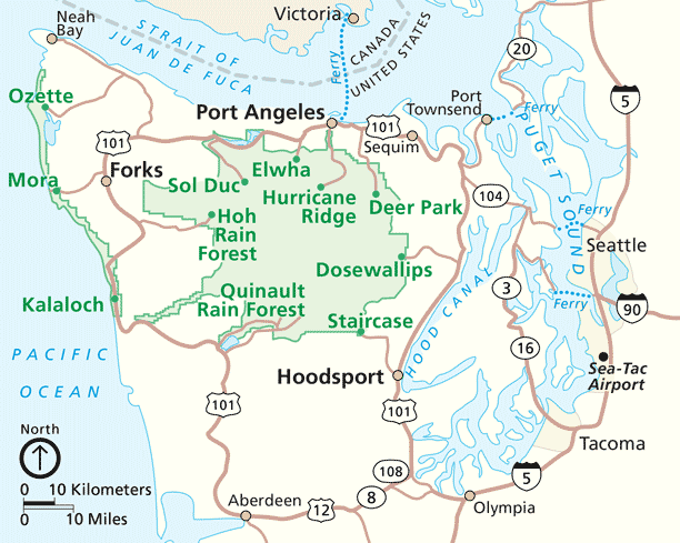 Regional map of Olympic National Park showing gateway towns.