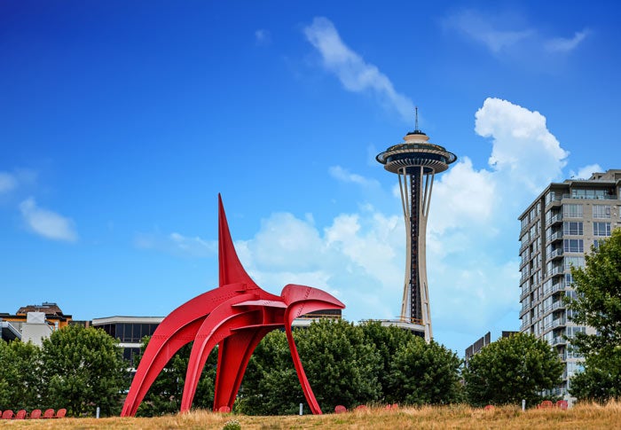 Seattle-OlympicSculturePark-Eagle-SpaceNeedle_DP_700 Eagle sculpture in Seattle's Olympic Sculpture Garden with the Space Needle in the background